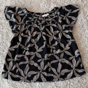 LOFT Black Top with Tan Colored Leaf Print